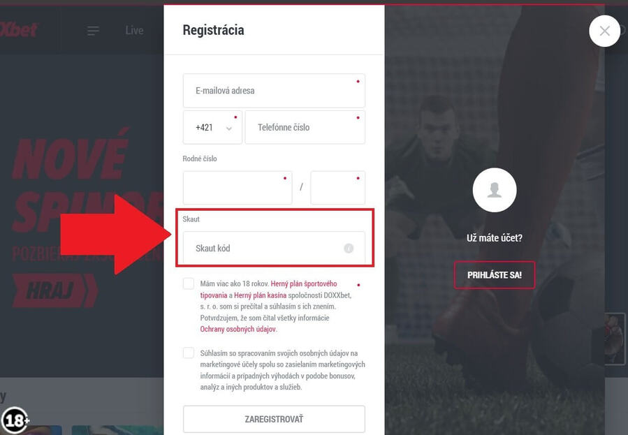 DOXXbet Skaut kód - zadajte sem
