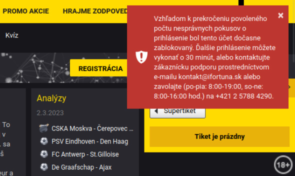 Fortuna online casino dočasné zablokovanie účtu